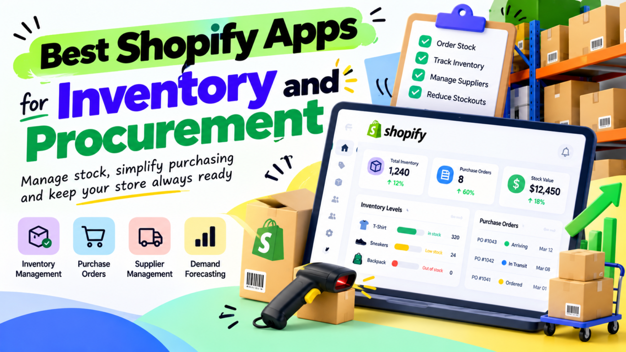 Best Shopify apps for inventory and procurement: Shopify dashboard with stock levels and purchase orders, barcode scanner and warehouse boxes