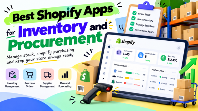 Best Shopify apps for inventory and procurement: Shopify dashboard with stock levels and purchase orders, barcode scanner and warehouse boxes