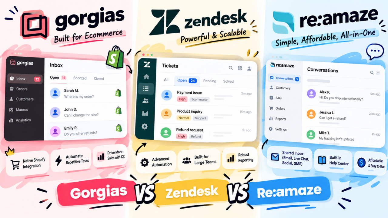 Gorgias vs Zendesk vs Re:amaze Shopify helpdesk comparison showing each tool's inbox and ticket view