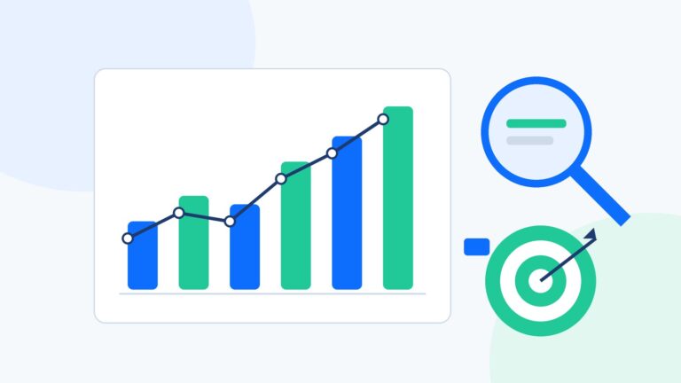 Amazon PPC advertising management illustration with rising sales chart, keyword search magnifier and targeting icon