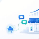 Shopify abandoned cart recovery illustration with cart, email and SMS reminders, and rising revenue