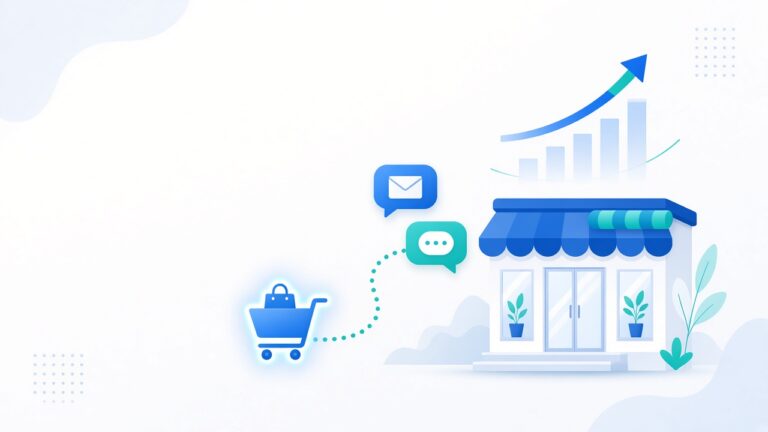 Shopify abandoned cart recovery illustration with cart, email and SMS reminders, and rising revenue