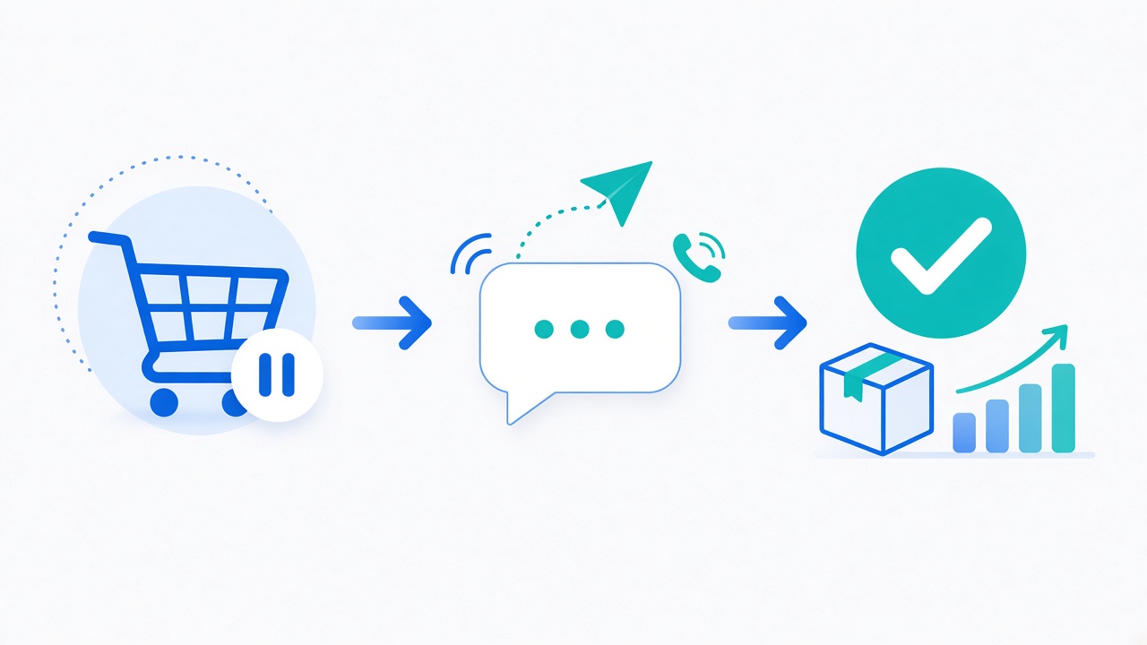 Shopify abandoned cart recovery flow in three steps: paused cart, reminder message, completed purchase