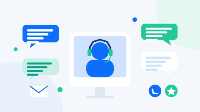 Flat illustration of an ecommerce customer service agent with headset handling email, chat, social and phone conversations