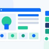 Ecommerce design and creative management illustration showing a product page layout, brand color swatches and design tools