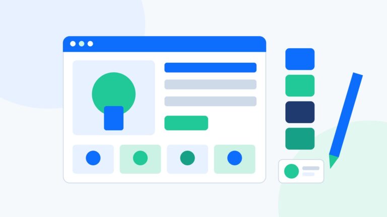 Ecommerce design and creative management illustration showing a product page layout, brand color swatches and design tools