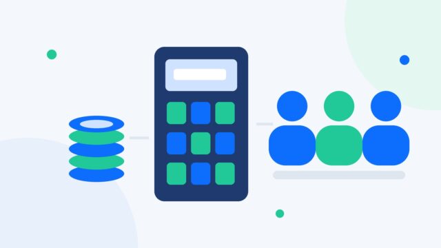 Flat illustration of a calculator, coin stack and a dedicated ecommerce team representing ecommerce outsourcing cost and budgeting