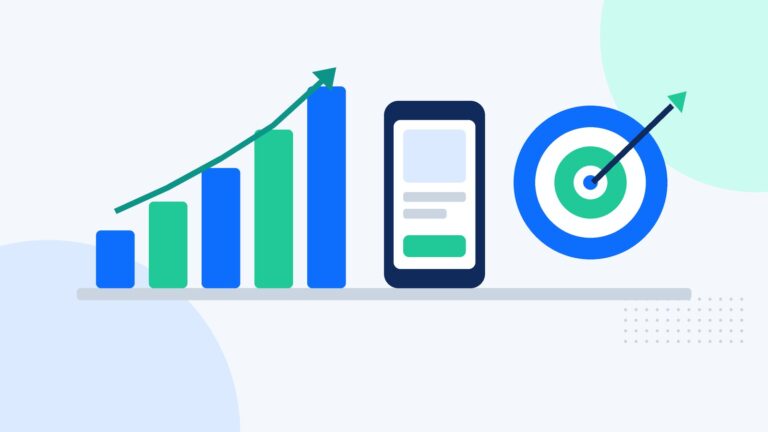 Flat illustration of ecommerce performance marketing: rising revenue bar chart, mobile ad on a smartphone and a target with an arrow on the bullseye