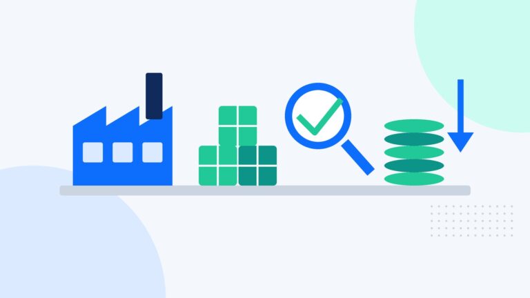 Flat illustration of ecommerce procurement and sourcing: factory, product cartons, quality inspection magnifier and falling cost coins
