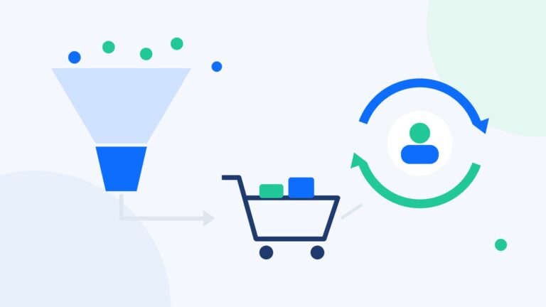 Flat illustration of website traffic flowing through a funnel into a shopping cart and a repeat customer loop, representing ecommerce sales enablement