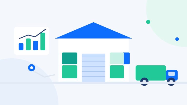 Flat illustration of an ecommerce warehouse with inventory boxes, a delivery truck and a demand forecasting chart