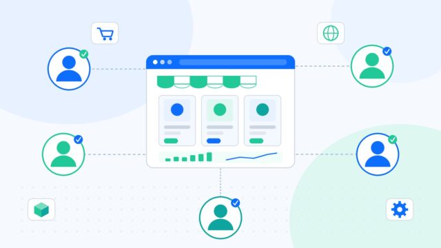 Ecommerce outsourcing illustration: a dedicated offshore team connected to and running an online store