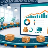 Inventory turnover ratio for ecommerce shown as boxes moving on a conveyor loop beside a stock dashboard