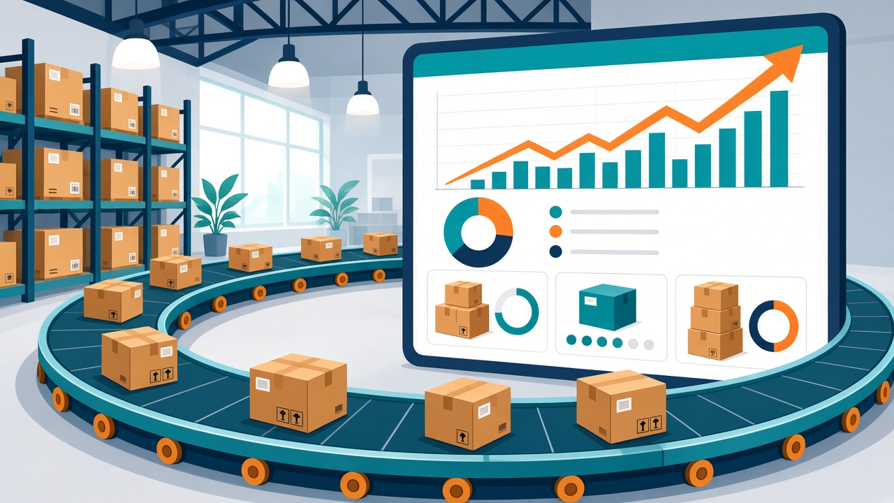 Inventory turnover ratio for ecommerce shown as boxes moving on a conveyor loop beside a stock dashboard