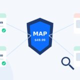 MAP policy illustration showing a brand monitoring advertised prices across marketplaces, retailer sites and shopping ads, with a below-MAP listing flagged