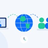 Flat illustration of a brand founder connected across the globe to a dedicated offshore ecommerce team, with a clock showing time-zone overlap