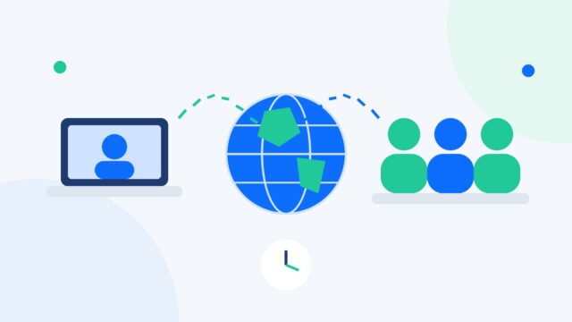 Flat illustration of a brand founder connected across the globe to a dedicated offshore ecommerce team, with a clock showing time-zone overlap