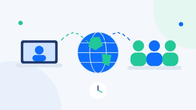 Flat illustration of a brand founder connected across the globe to a dedicated offshore ecommerce team, with a clock showing time-zone overlap