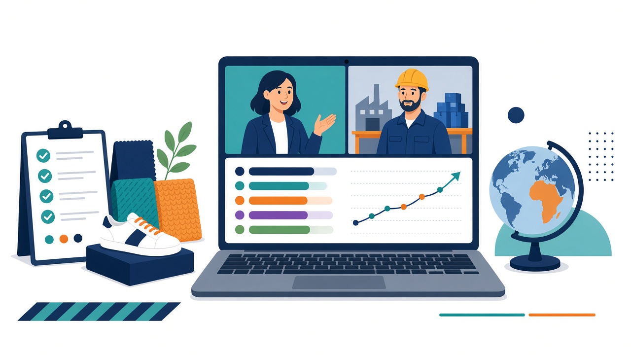 Ecommerce brand and overseas factory reviewing a weighted supplier scorecard on a video call